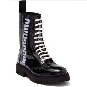 MOSCHINO Logo Synthetic Patent Leather Combat Lace Up Boot Size 39 NEW